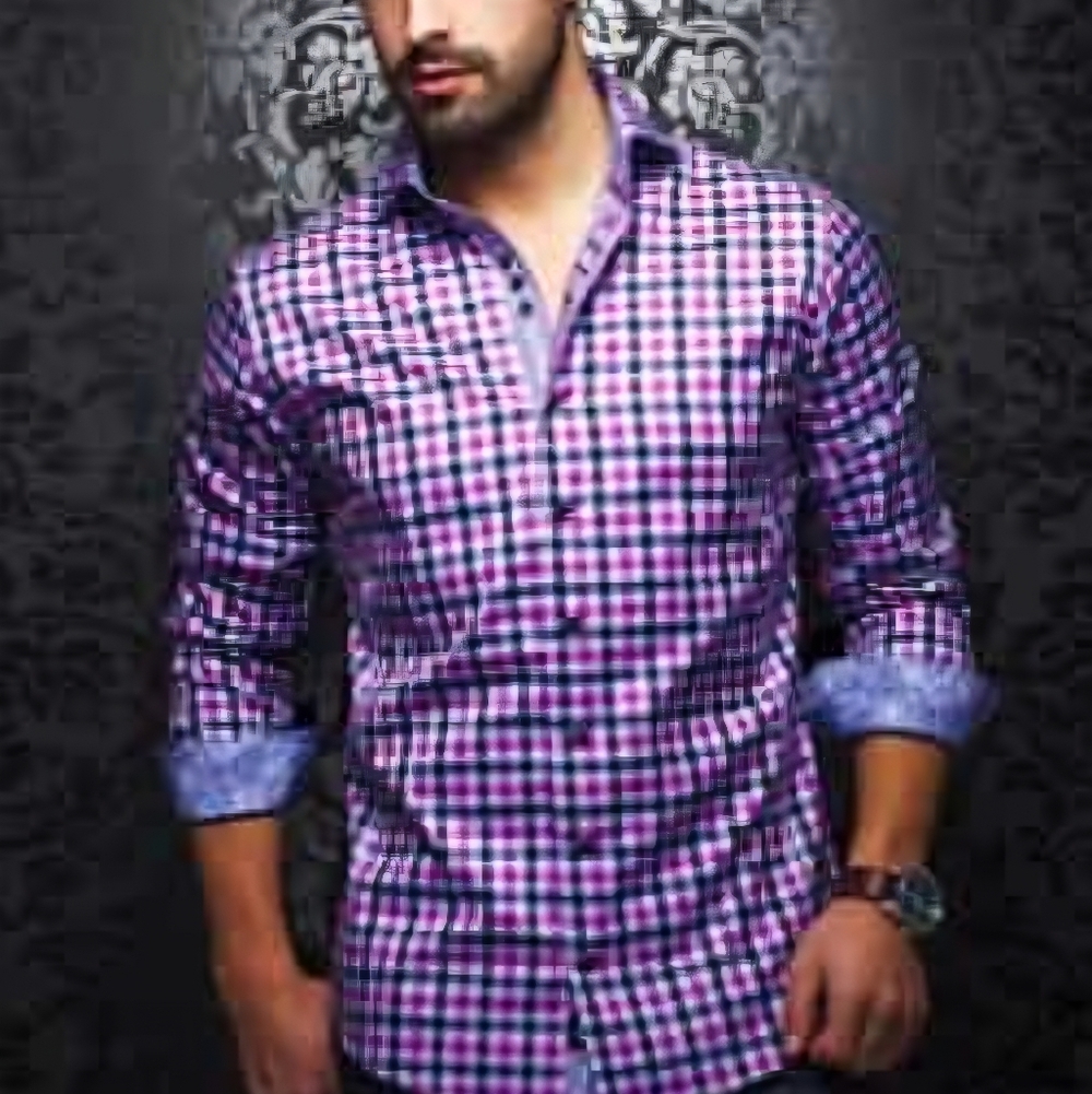 317. Au Noir Purple and Blue Checkered Long Sleeve Shirt - Size Large